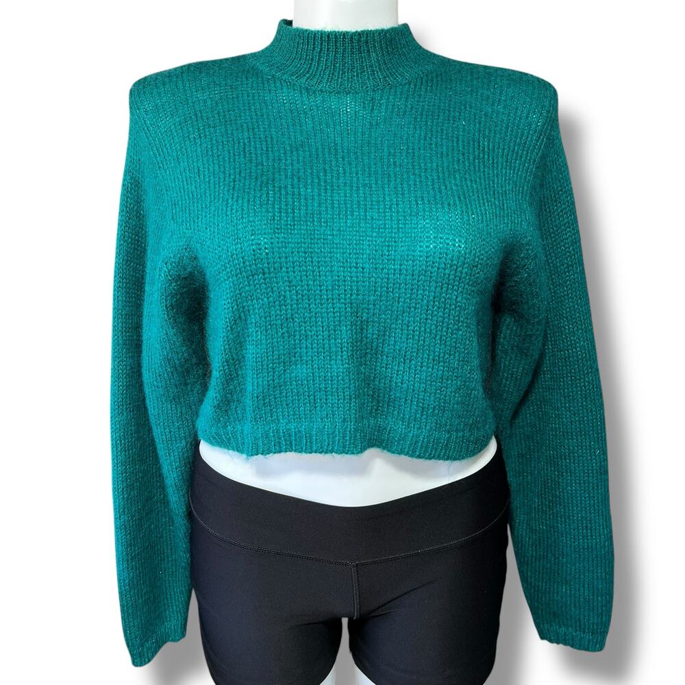 Vintage Stefano Womens Wool Blend Crop Sweater Pullover Mock Neck Green Large